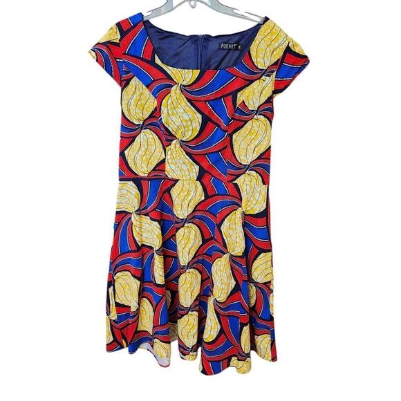 Pukart Vibrant‎ Patterned Blue Red Cap Sleeve Midi Dress Sz 3X - Picture 1 of 8